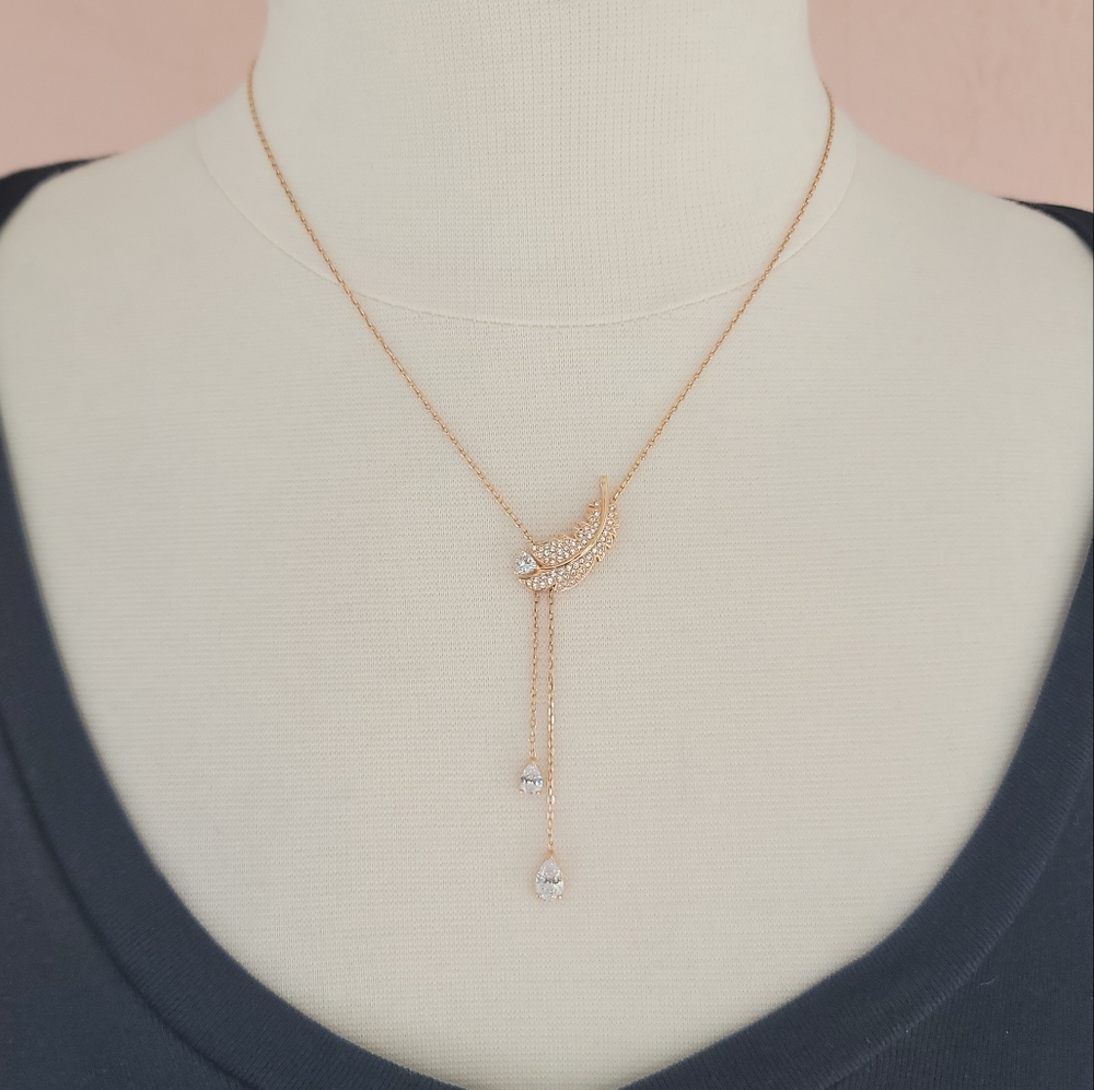 Swarovski Idyllia Y Feather Pendant Necklace Rose Gold Tone Plated
